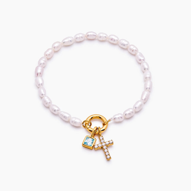 Cross Charm Bracelet with Pearl and Birthstone