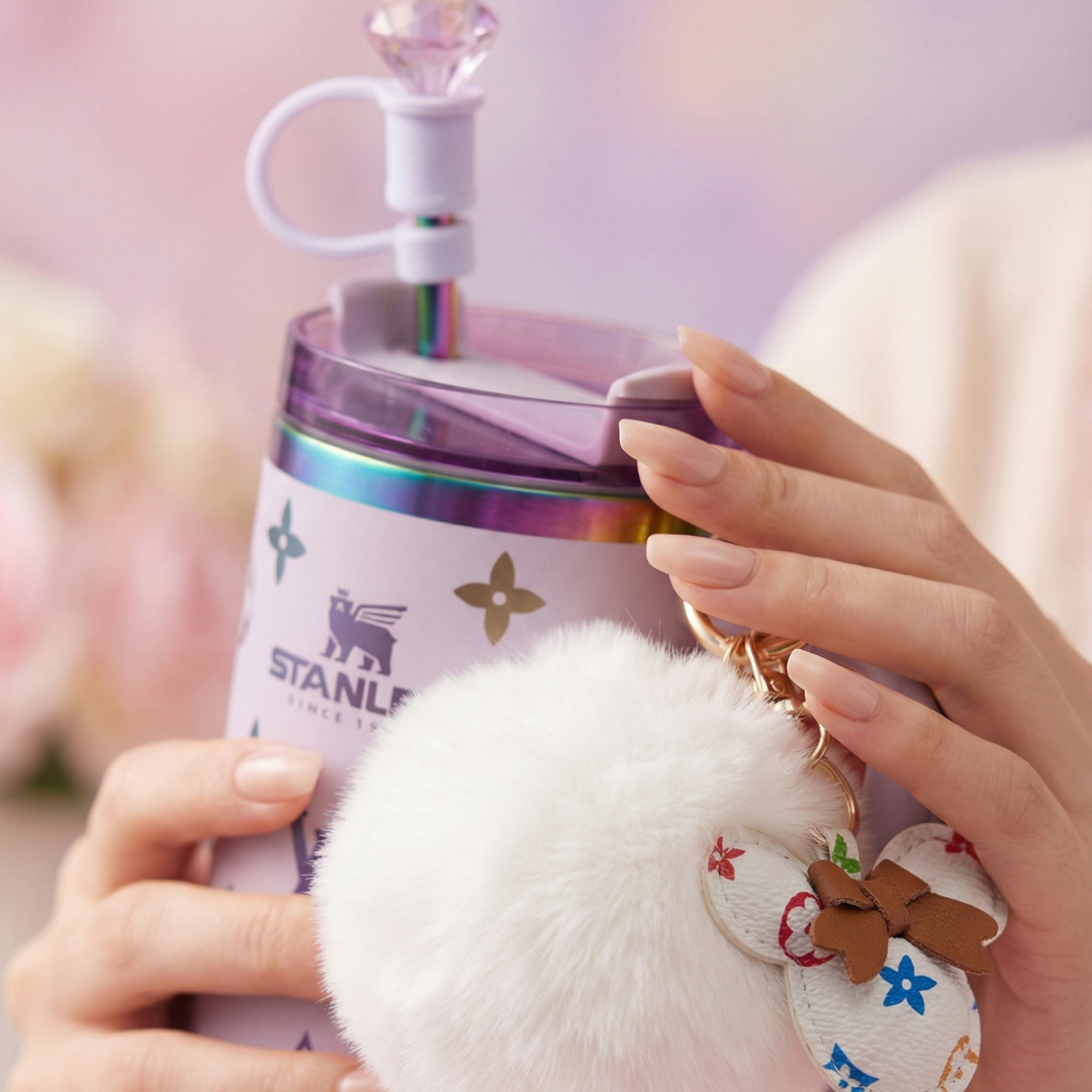 40oz (1.18L) Luxury-Inspired Quencher Tumbler + Luxury Keychain + Gem Straw Topper – Lilac