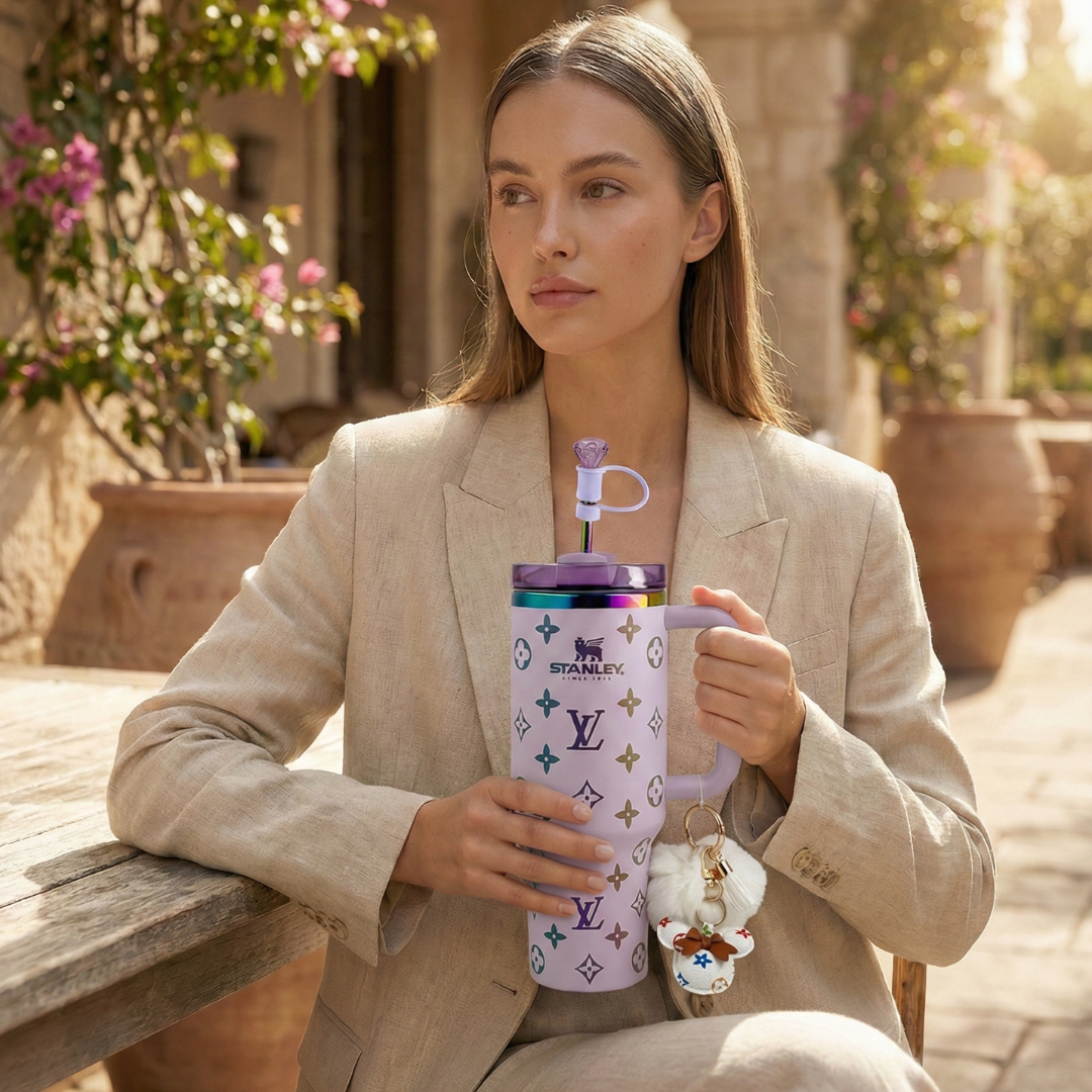 40oz (1.18L) Luxury-Inspired Quencher Tumbler + Luxury Keychain + Gem Straw Topper – Lilac