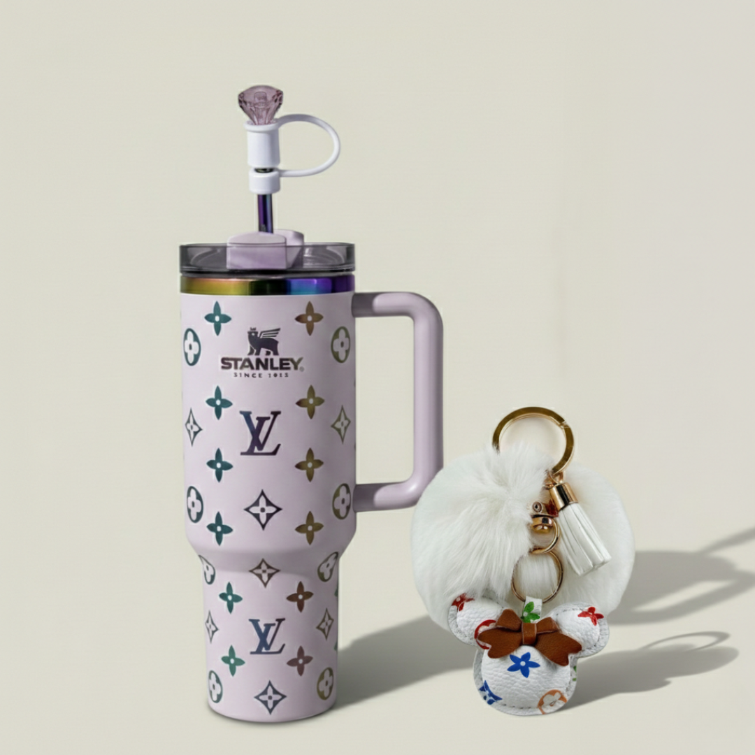 40oz (1.18L) Luxury-Inspired Quencher Tumbler + Luxury Keychain + Gem Straw Topper – Lilac