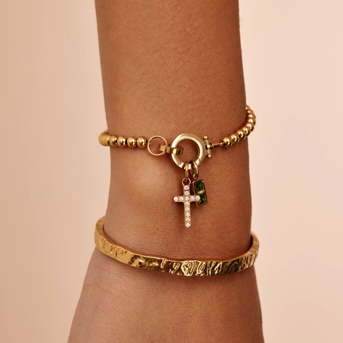 Beaded Bracelet with Cross Charm and Birthstone