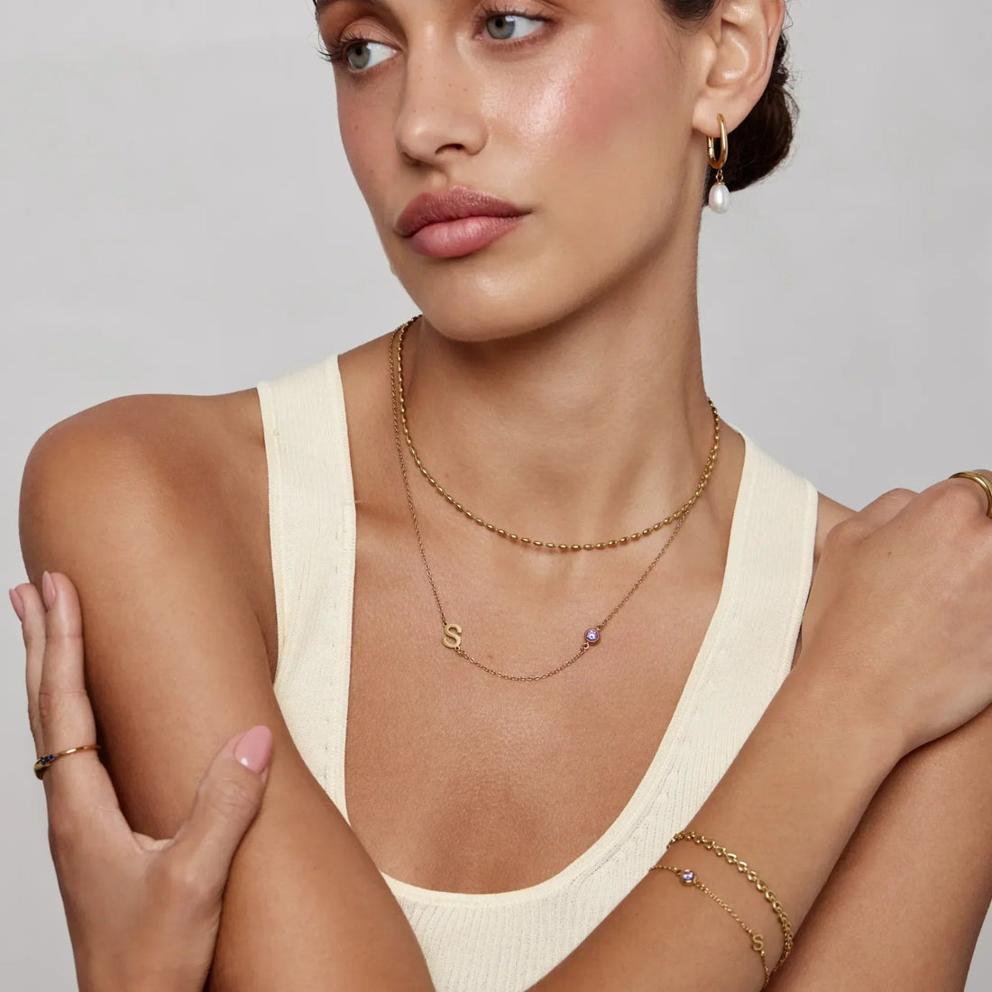 Name Necklace with Side Initial and Birthstone