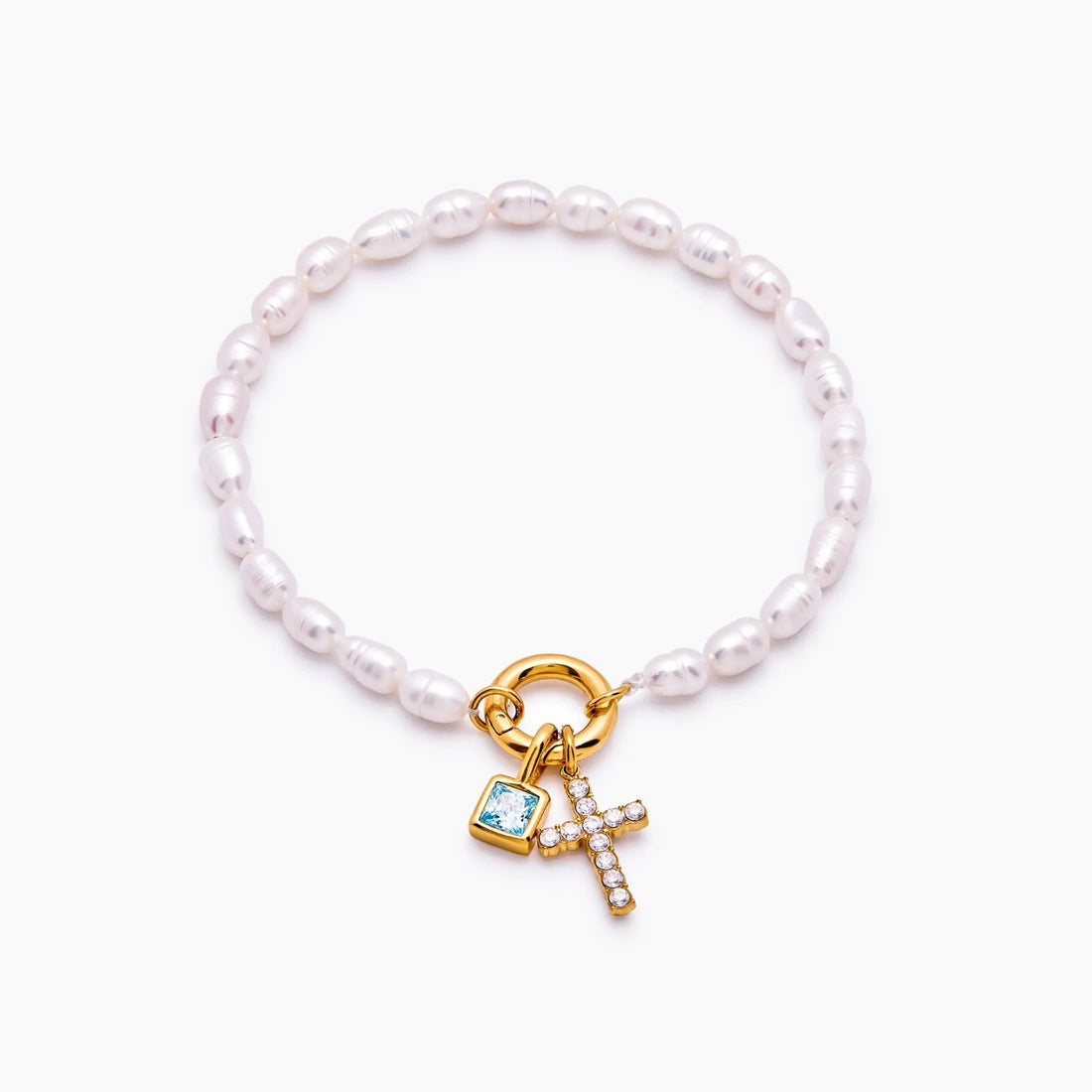 Cross Charm Bracelet with Pearl and Birthstone
