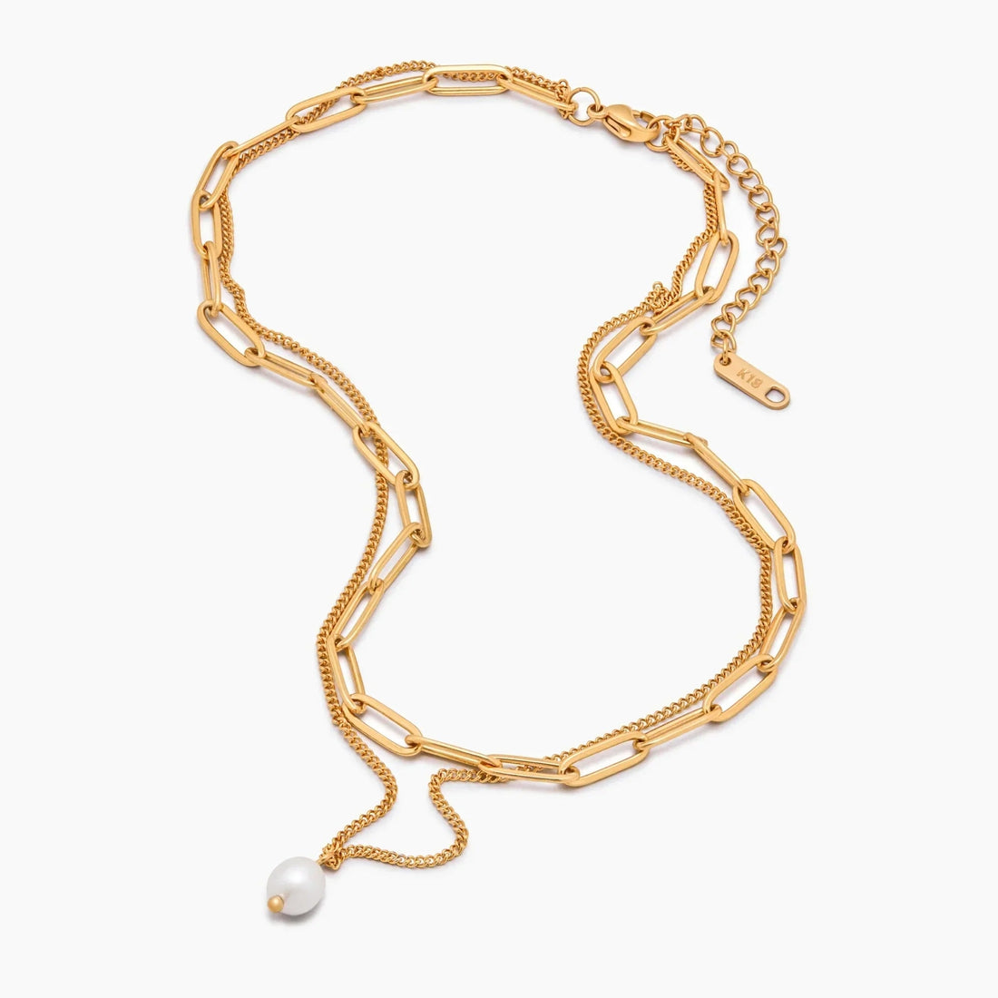 Layered Necklace with Paperclip Chain and Pearl Pendant